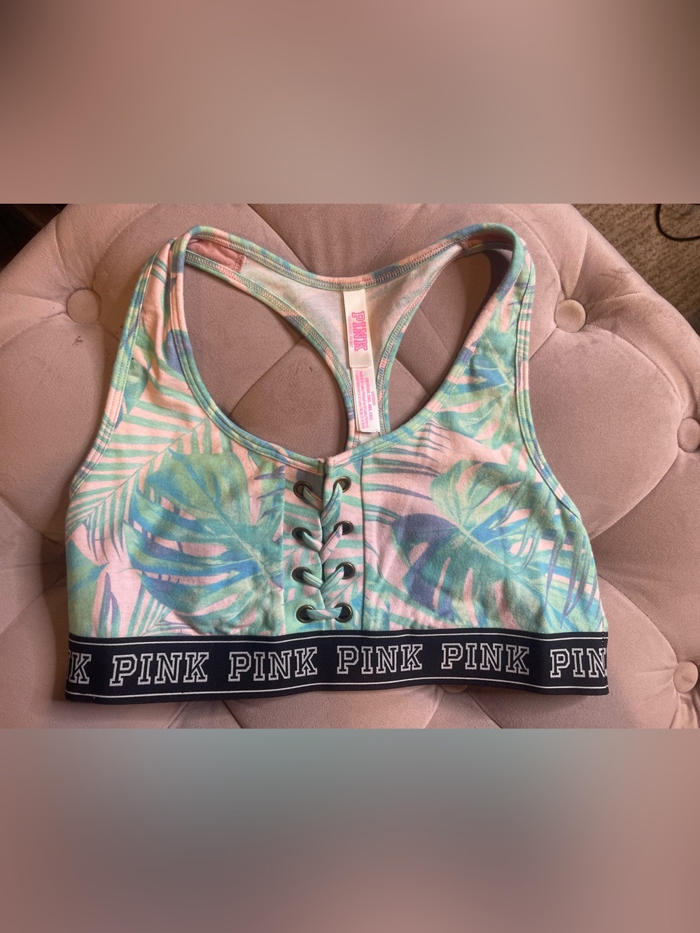 PINK Lace-Up Tropical Sports Bra in Mint, Coral & Teal